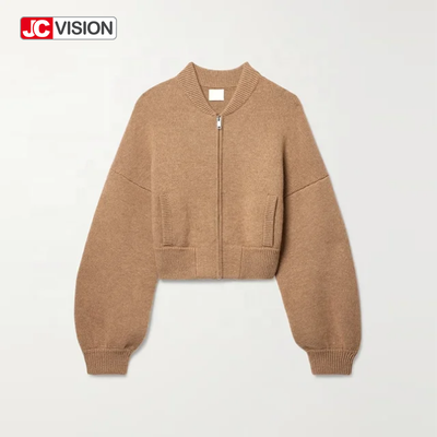 JCVISION الخريف الشتاء البني رقبة V طويلة الأكمام سحاب النساء